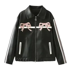 Chaqueta de cuero negro con lazo para mujer, chaqueta retro para mostrar tu figura sexy, dulce y fresco