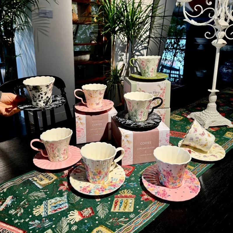 

HYS retro floral ceramic mug drinking cup couple girl good-looking birthday gift coffee cup saucer souvenir