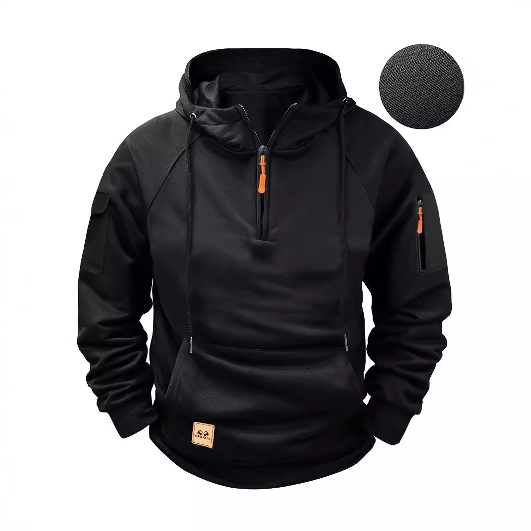

Men's autumn and winter casual sports hooded sweatshirt, quarter-zipper design, fleece windproof, warm and fashionable hoodie