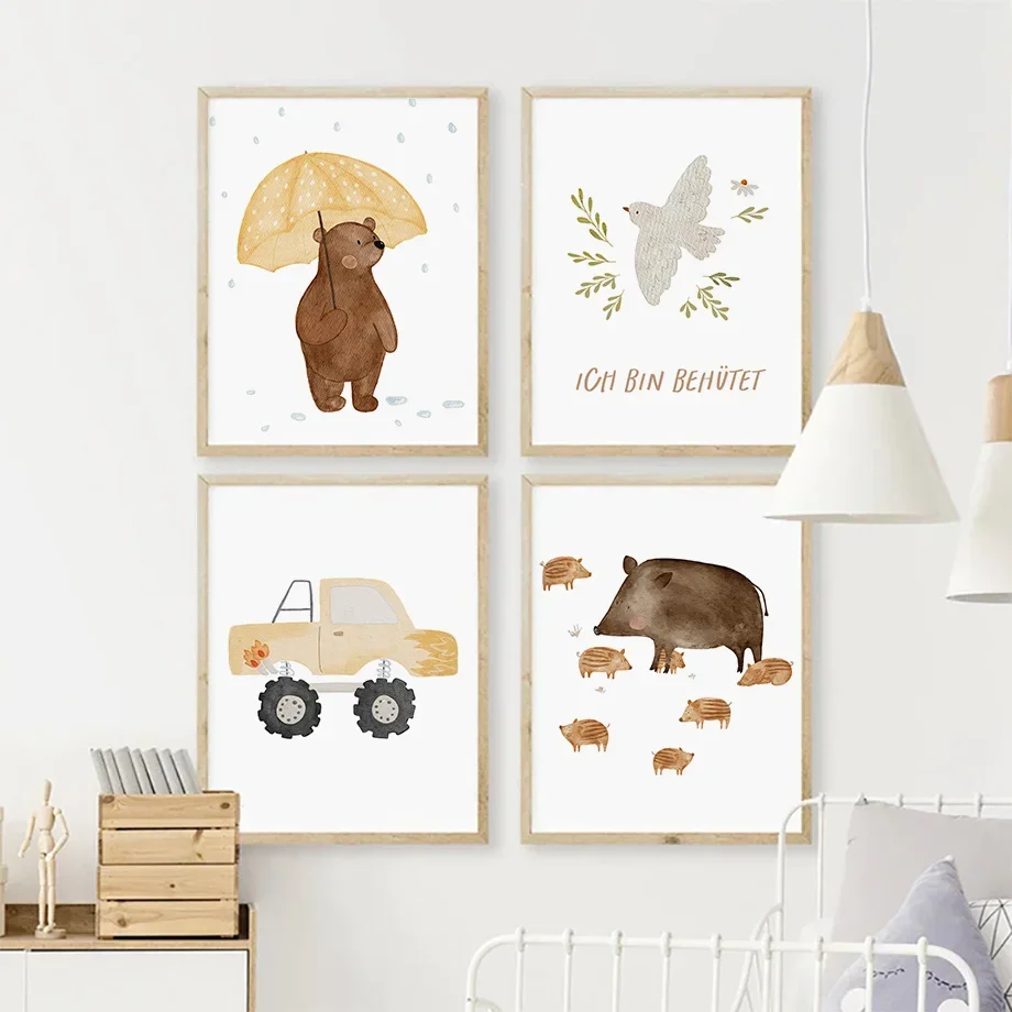 Boho Cartoon Farm Car Posters Print Fox Bear Panda Balloon Mouse Flower Wild Boar Canvas Painting Wall Art Baby Kids Room Decor