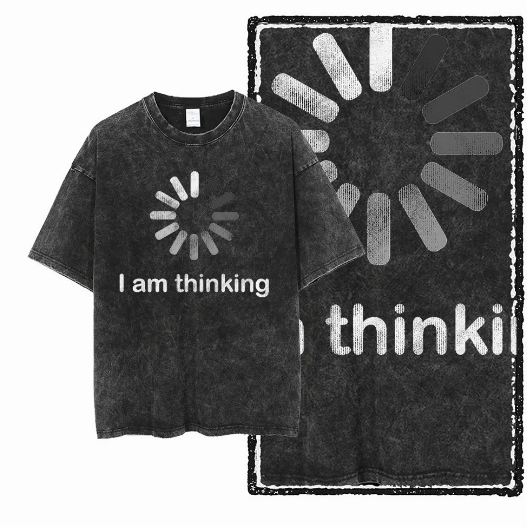 

Винтажная мужская футболка с надписью «Я думаю», черная футболка большого размера, повседневная уличная одежда в стиле ретро с потертостями