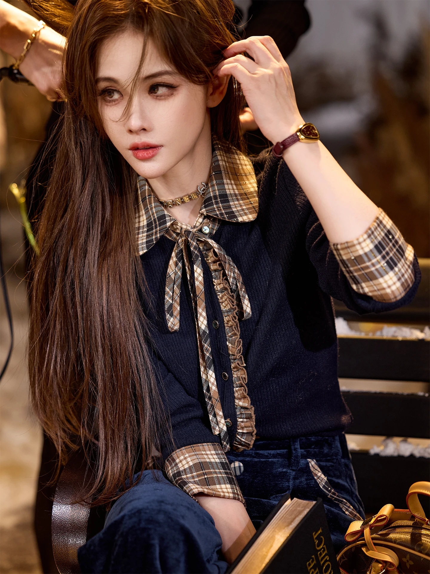 

TUNT Autumn Winter Knitted irt Fake Two-Piece Color Blo Plaid Belt Casual Sle Women's Breathable Long Sve irt