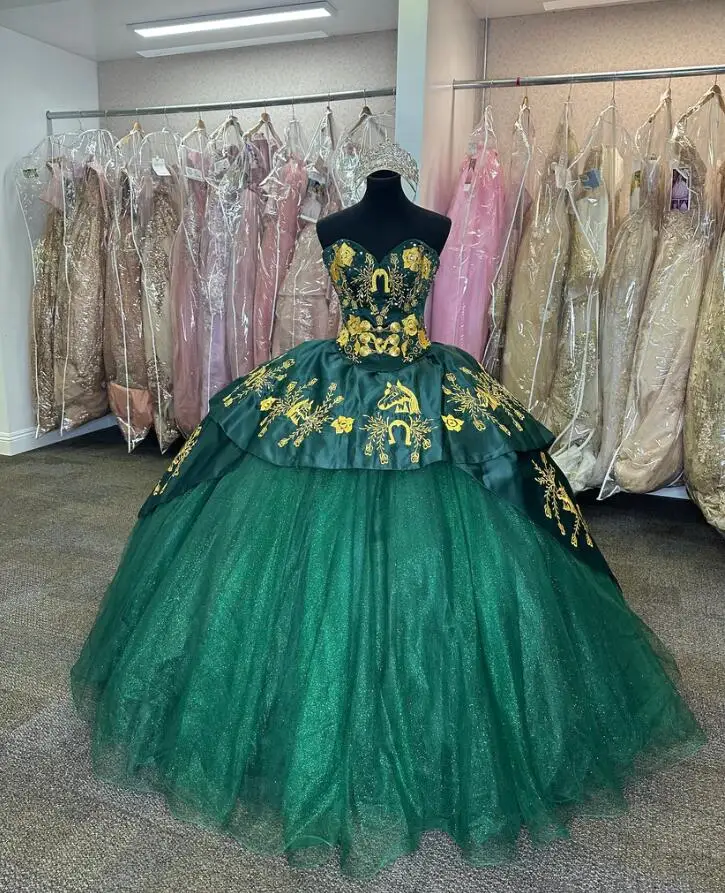 Hunter Green mexicano Charro Quinceanera Vestidos, querido cavalo dourado bordado vestido, vestido de baile, 15 anos