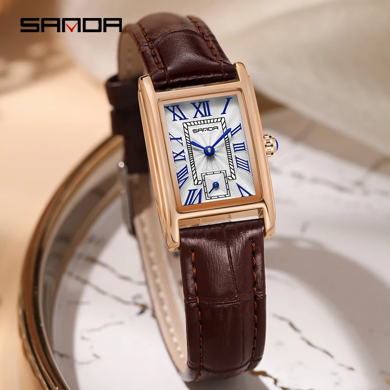 SANDA 1116 New Fashion 2024 Elegant Design Rectangle Dial Water Resistant Quartz Movement Business Women Analog Wrist Watch