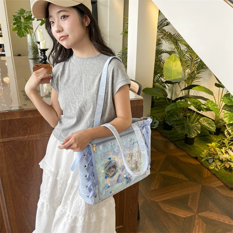 Bolso de hombro transparente con cinta de seda japonesa, bolsa con cremallera de gran capacidad, almacenamiento transparente para muñecas, bolso impermeable para mujer