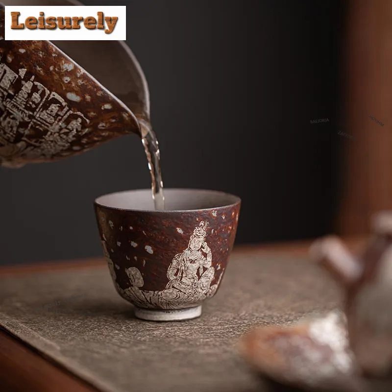 110ml Old Rock Mud Gilt Silver Dunhuang Teacup Ancient Tea Bowl Cute Cup Tea-tasting Meditation Cup Jianzhan Master Cups Cafes