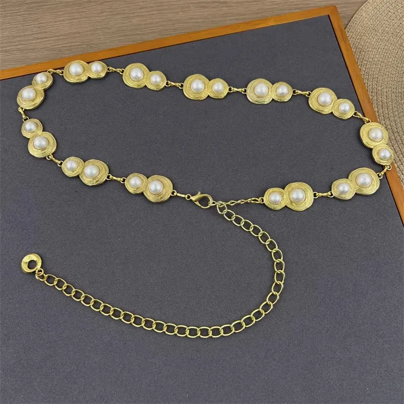 

Women's Vintage Pearl Beaded Gold Silver Metal Chain Corset Female Cummerbund Coat Waistband Dress Decration Narrow Belt J604