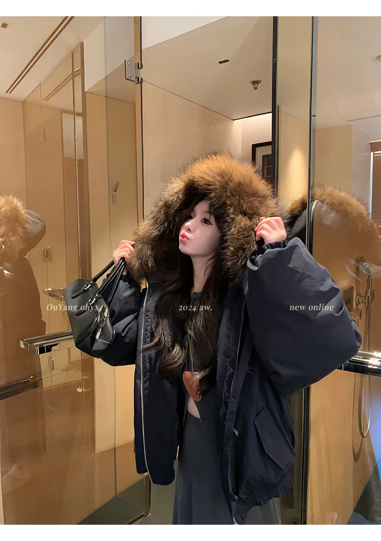 女性用ショートパーカーフード付きジャケット、ホーンボタン、フェイクファー襟、冬用暖かいワークウェアスタイルコート