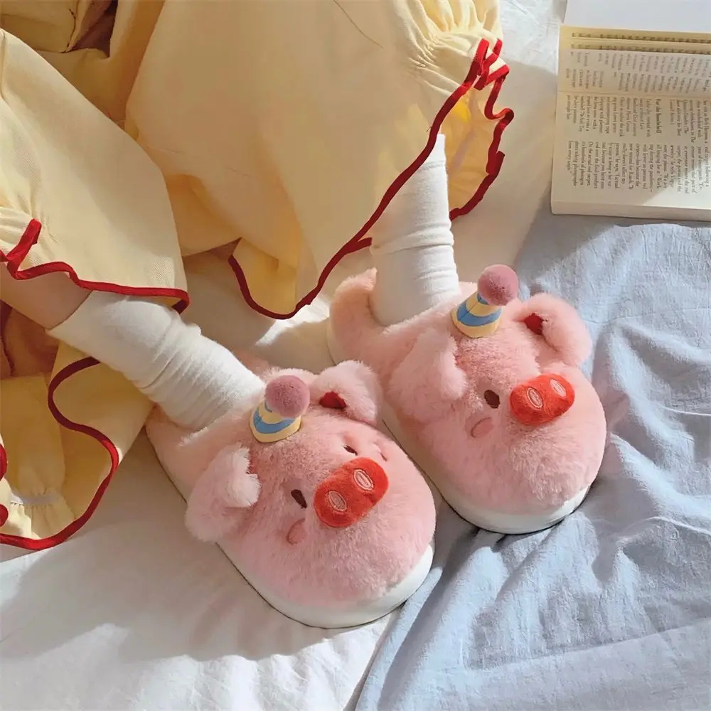 Fluffy Pink Piggy Slippers for Women Winter Indoor Anti-Skid Home Slippers Warm Furry Piglet Mules Shoes Animal Slippers Adult