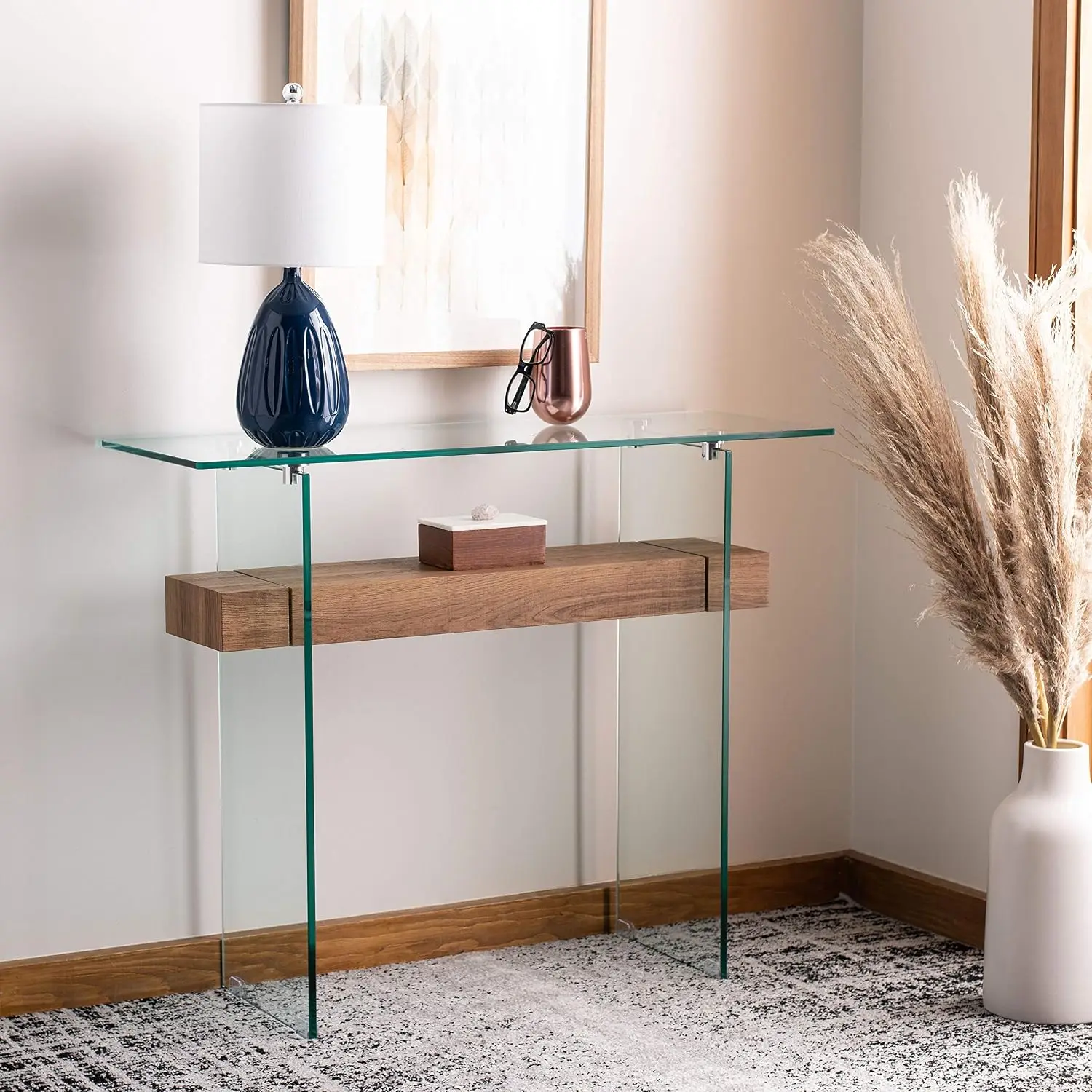Glass & Natural Brown Console Table Entryway Hallway Display Shelf 48 Inch, Customized