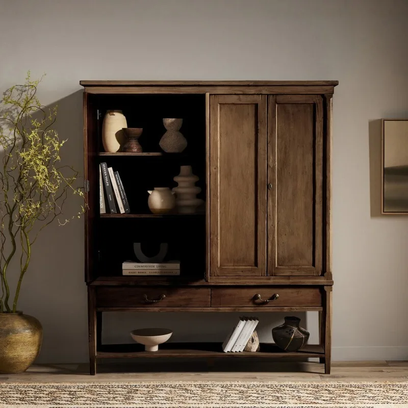 

French medieval side cabinet with drawers entrance cabinet American solid wood retro artistic display aisle cabinet for bedroom