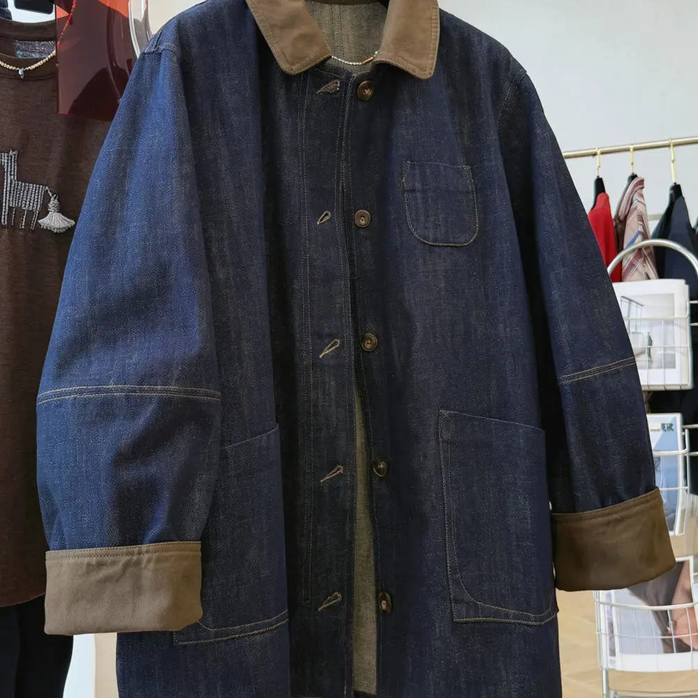 Women Denim Jacket Mid Length Loose Lapel Coat Autumn Casual Korean Fashion Long Sleeve Basic Streetwear Comfortable Outerwear
