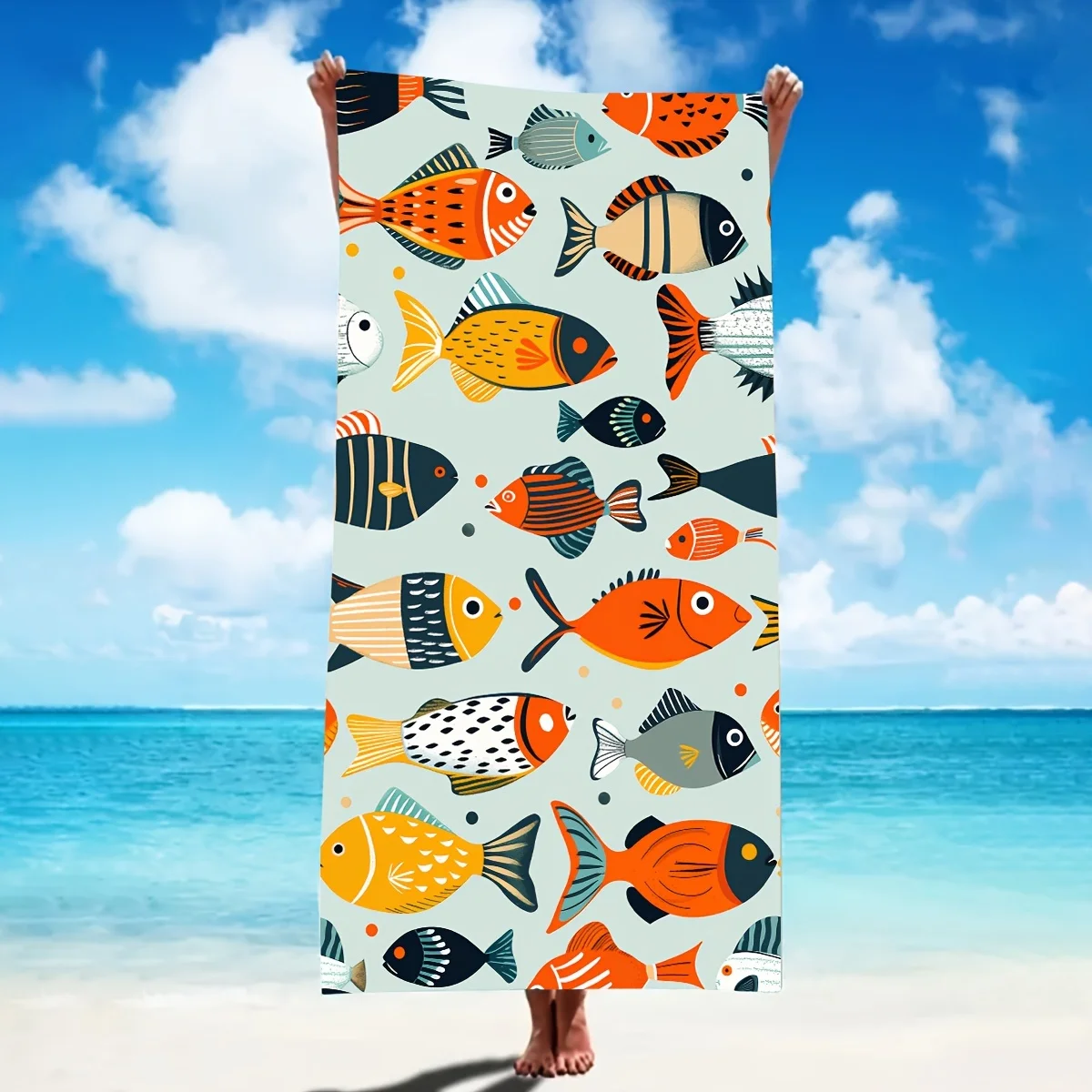 Colorful Folk Art Fish Print Beach Towel, Quick Dry Soft Cotton, Whimsical Multi-Color Tribal Fish Pattern for Summer Pool Use