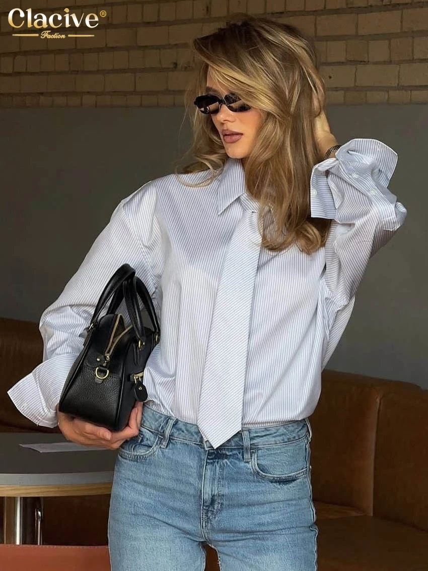 Clacive ファッションルーズブルーストライプ女性のブラウス 2026 春ラペル長袖シャツエレガントなクラシックネクタイトップ女性服