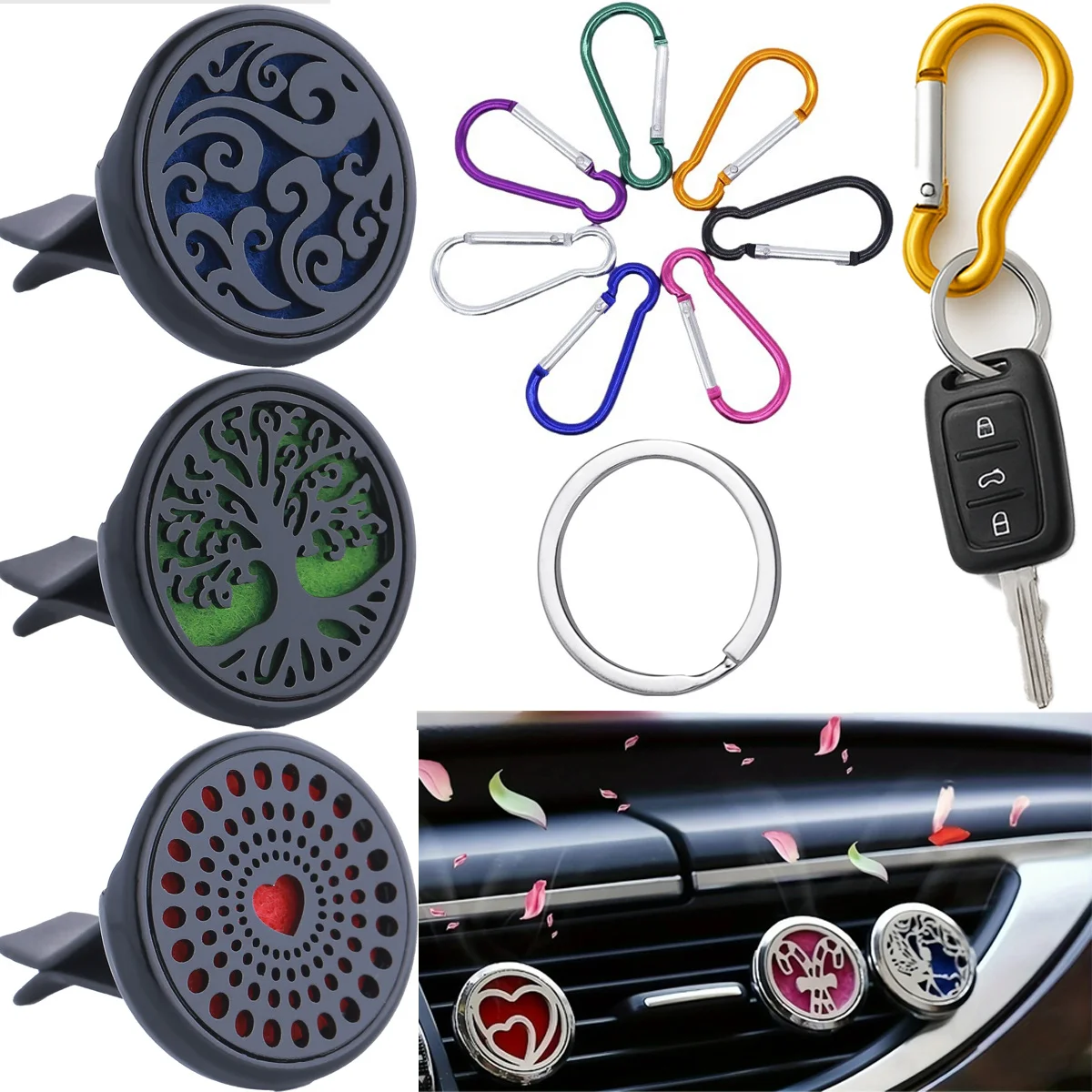 Car Air Freshener Diffuser, interior accessory for vehicle air conditioning vents, includes 10 washers and a set of key rings.