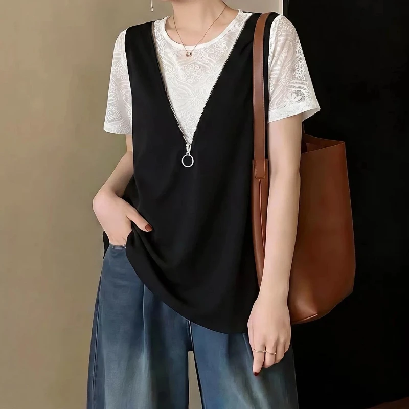 Zipper Patchwork Loose Contrast Patchwork Lazy T Shirts Summer Short Sleeve Fake Two Trend Tops Korean Fashion Women Clothing