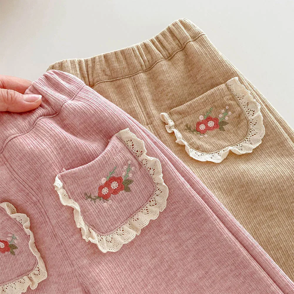 Girls Trousers Plus Velvet Thicken Warm Winter Flower Embrodiery  Baby And Toddler Clothing Casual Loose Kids Pants