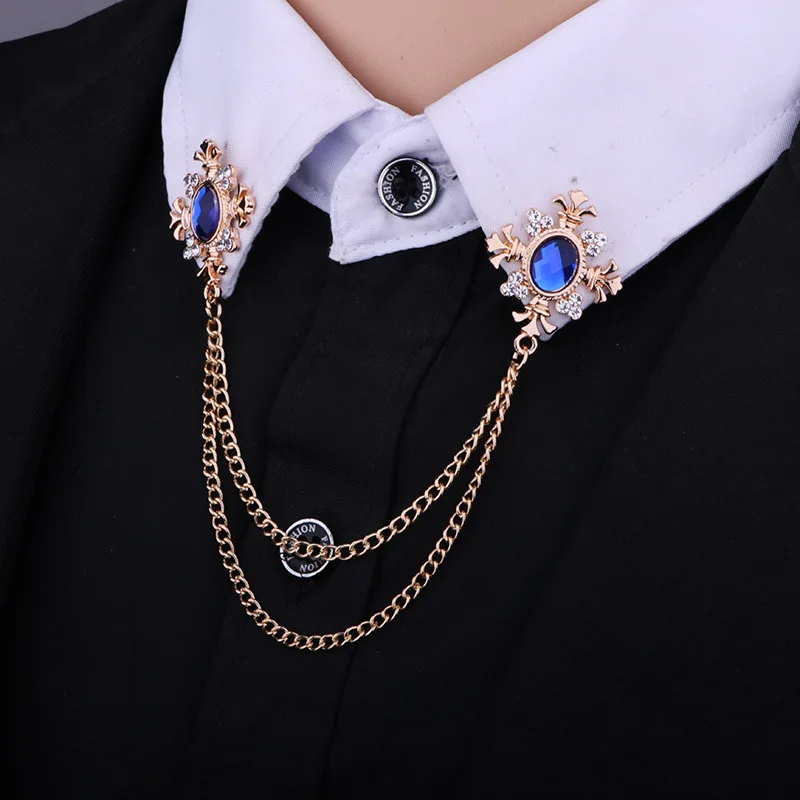 Fashion Tassel Crystal Cross Chain Brooch Men\'s Shirt Collar Pins and Brooches Personality Lapel Pin Buckle Women Accessories