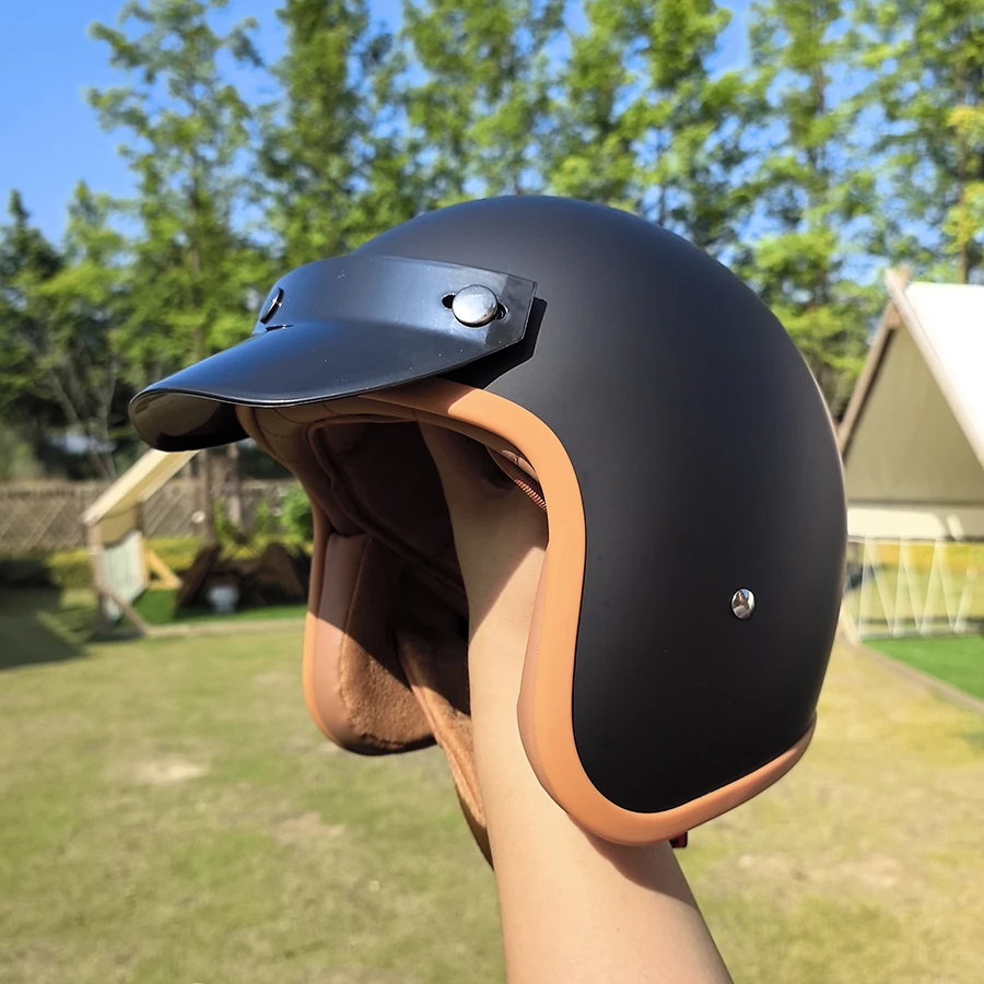 

Классический матовый черный мотоциклетный шлем в стиле ретро 3/4, дизайн с открытым лицом, винтажный стиль, шлем Chopper Cafe Racer