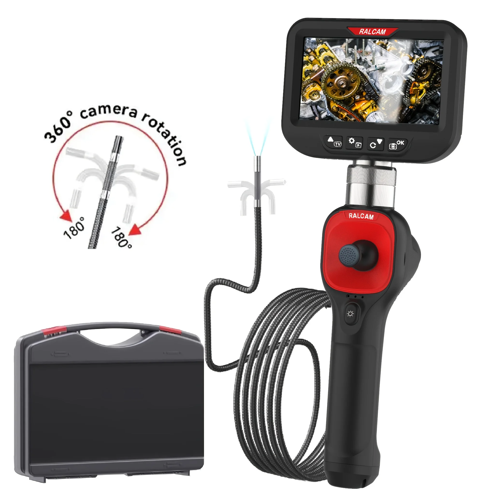 

Articulating Borescope 4 Ways 1m 2m Wires IPS Automotive Inspection Camera 6 Adjustable LED Lights