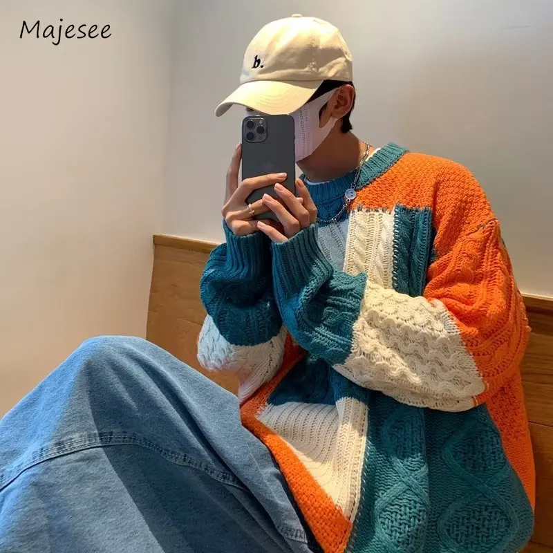 

Sweaters Men High Street Slouchy Daily American Style Patchwork Panelled Handsome Spring Autumn Teenagers Classic Youthful