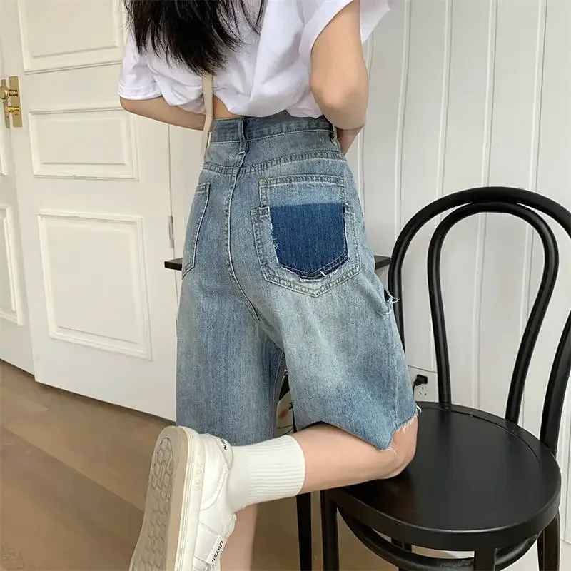 Denim shorts damesmode hoge taille eenvoudig effen ontwerp recht vrije tijd zomer gat all-match hotsweet dagelijks elegant doe oud
