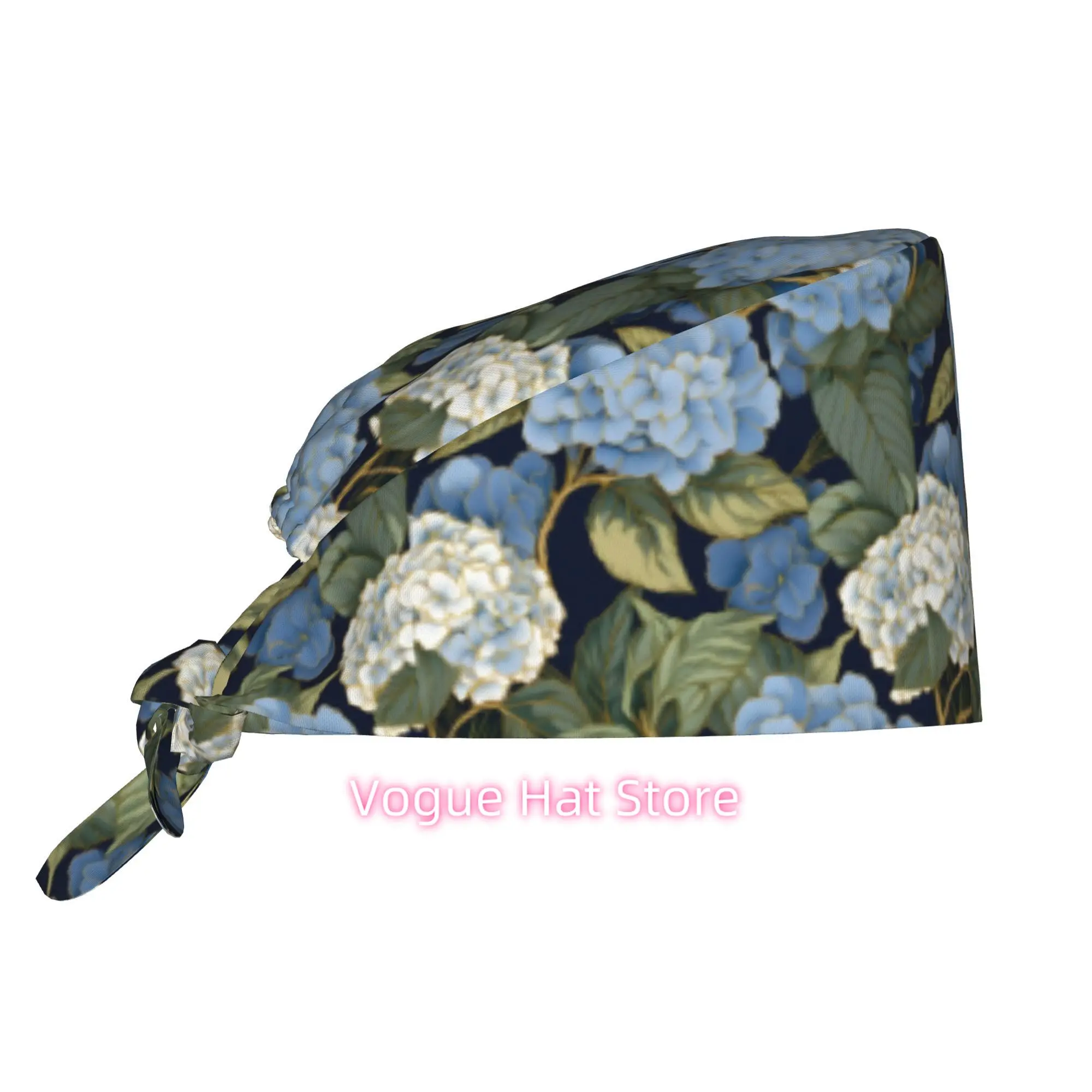 1pc Hydrangea Floral Print Unisex Adjustable Work Cap - Lightweight, Dustproof Nurse Hat with Tie-Back for Chefs, Cooks & Health