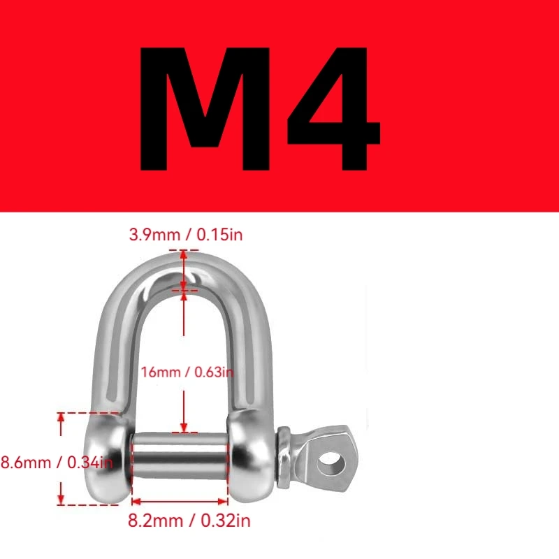304 Stainless Steel D Shackles (M4-M12) Heavy Duty Bow Shackle for Marine Rigging, Household & Furniture Hanging Hooks Hardware