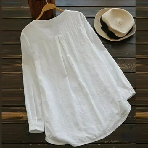 Imagen 2 del producto Blusa informal de lino y algodón con encaje bordado para mujer, camisa elegante blanca holgada a la moda, Tops de talla grande con cuello en V, S-5XL de manga larga