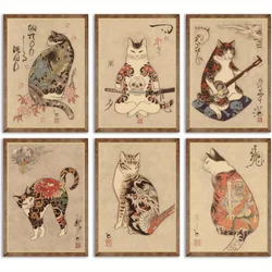 Japanese samurai cat art print, bushido wall decor, kung fu cat poster, tattoo style fantasy cat picture for home and bedroom