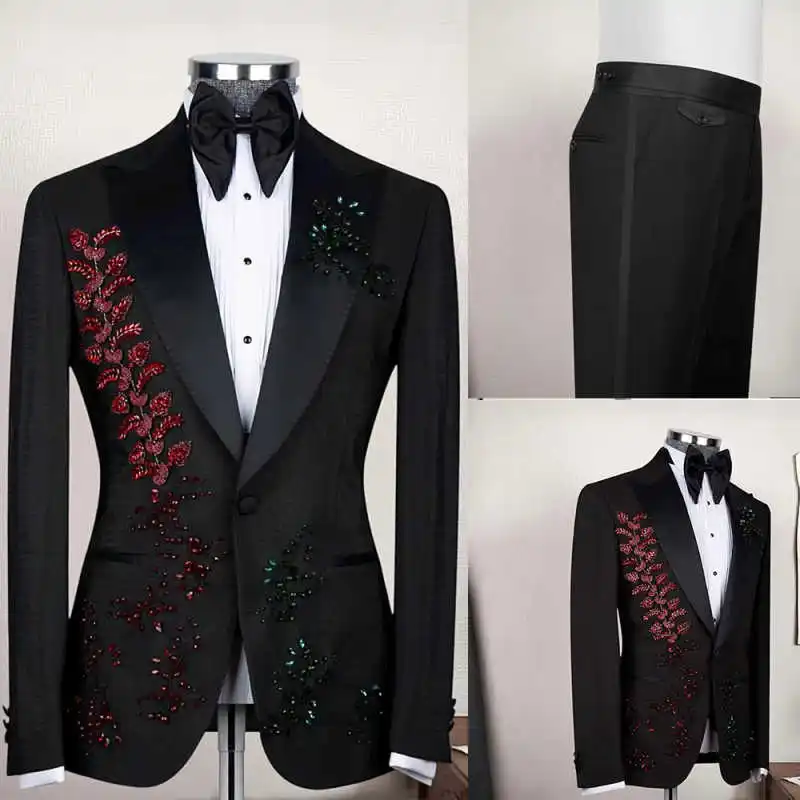 

Luxury Handmade Beaded Crystal Men's Suits 2 Pieces Sets Wedding Groom Tuxedos Special Occasion Prom Customized Plus Size