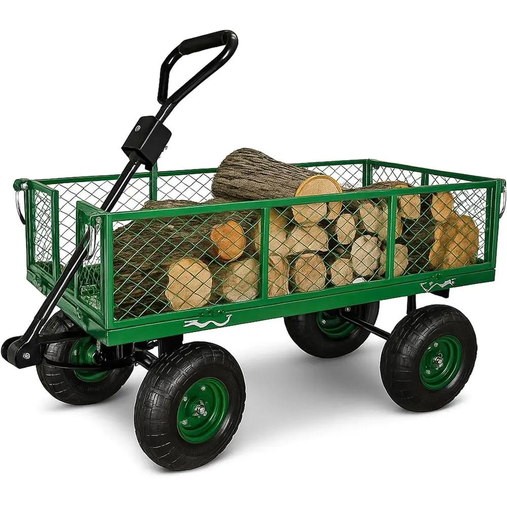 

Backyard Expressions Heavy Duty 600 Lbs Capacity Mesh Steel Garden Cart Folding Utility Wagon with Removable Sides and (4) 10 In