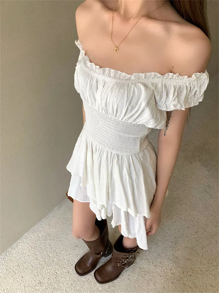 White Off Shoulder Short Sleeved Vest Dress for Women Summer Sweet Spicy Pleated Ruched Waist Boho Short Dresses Tank Dress