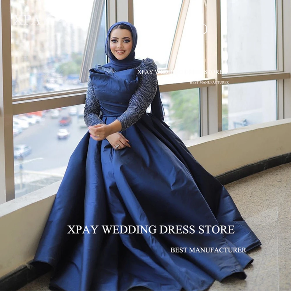 XPAY Modest Muslim Arabic Dubai Women Navy Blue Evening Dresses Long Sleeves High Neck Glitter Satin Prom Gowns Plus Size