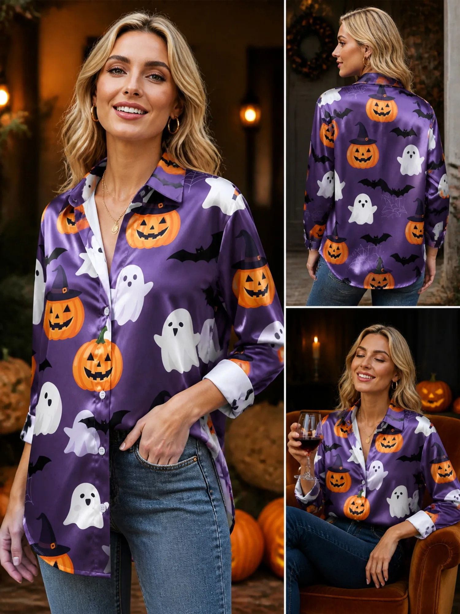 

Purple Pumpkin Ghost Satin Blouse for Women Long Sleeve Button Down Shirt Halloween Party Casual Silky Top
