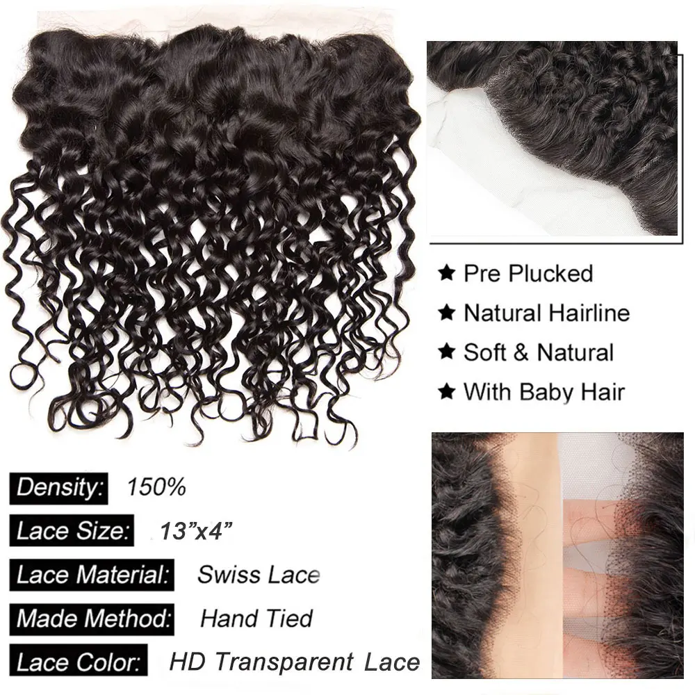 10 14 18 Inch Loose Water 13x4 Lace Frontal Brazilian Human Hair Pre plucked Transparent Swiss Lace Front Only 100% Human Hair