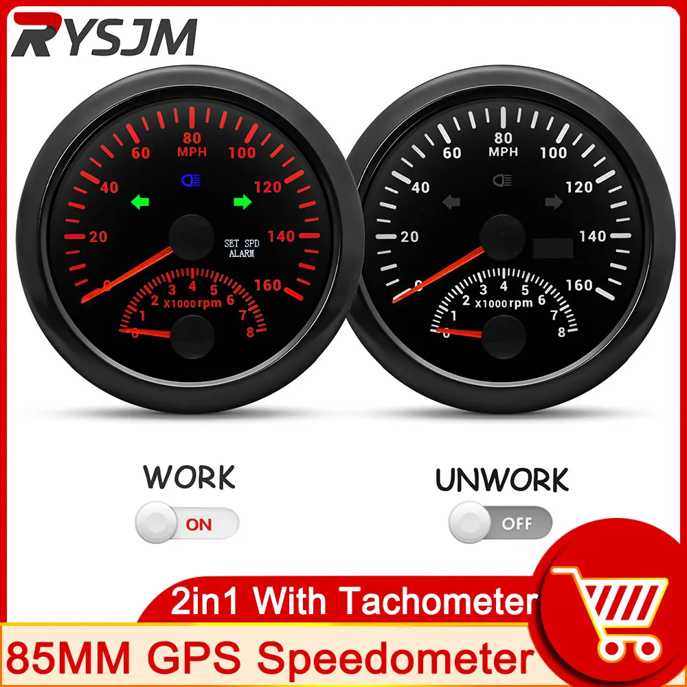 85mm GPS Speedometer 0~160 MPH  with Tachometer 8000 RPM with GPS Antenna Mileage Red Backlight for Boat Truck Car Waterproof