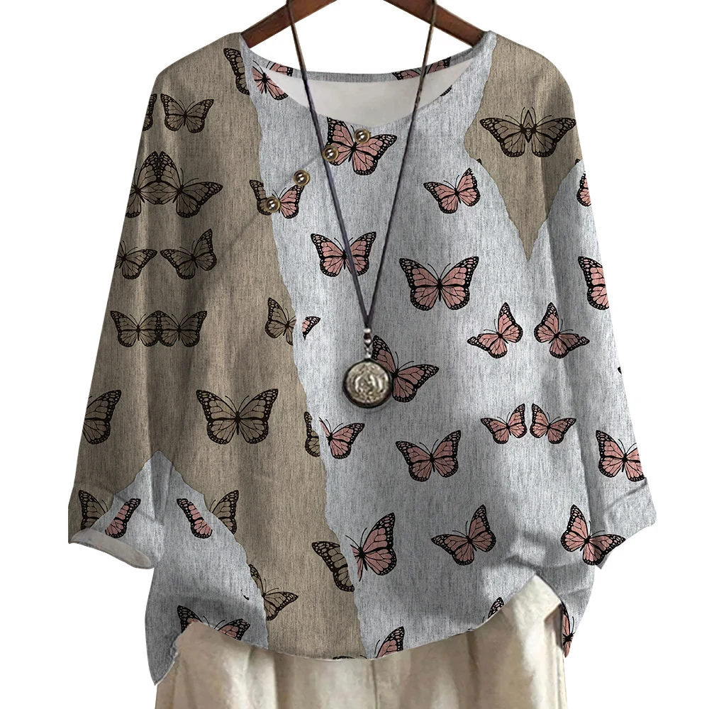 CLOOCL Women T-shirt Retro Elegant Summer Button Tops Little Butterflies Printed Long Sleeve Tees Female Work Wear Blouse