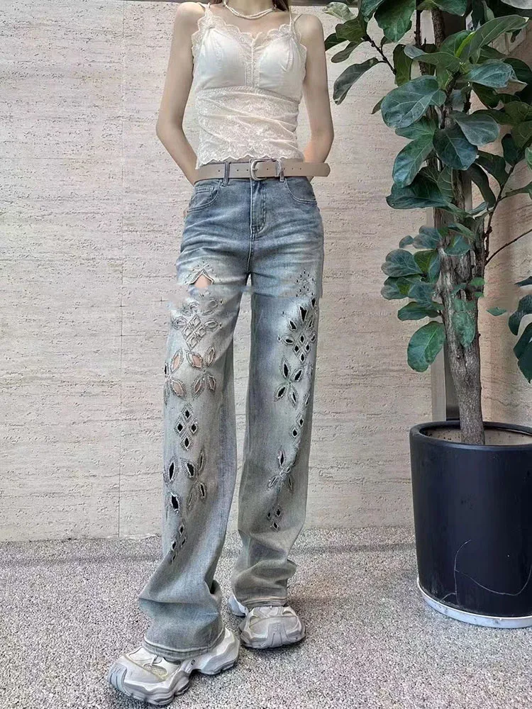 

Jeans women spring summer 2025 new European style embroidery hot drilling hollow out fashionable straight leg wide leg pants