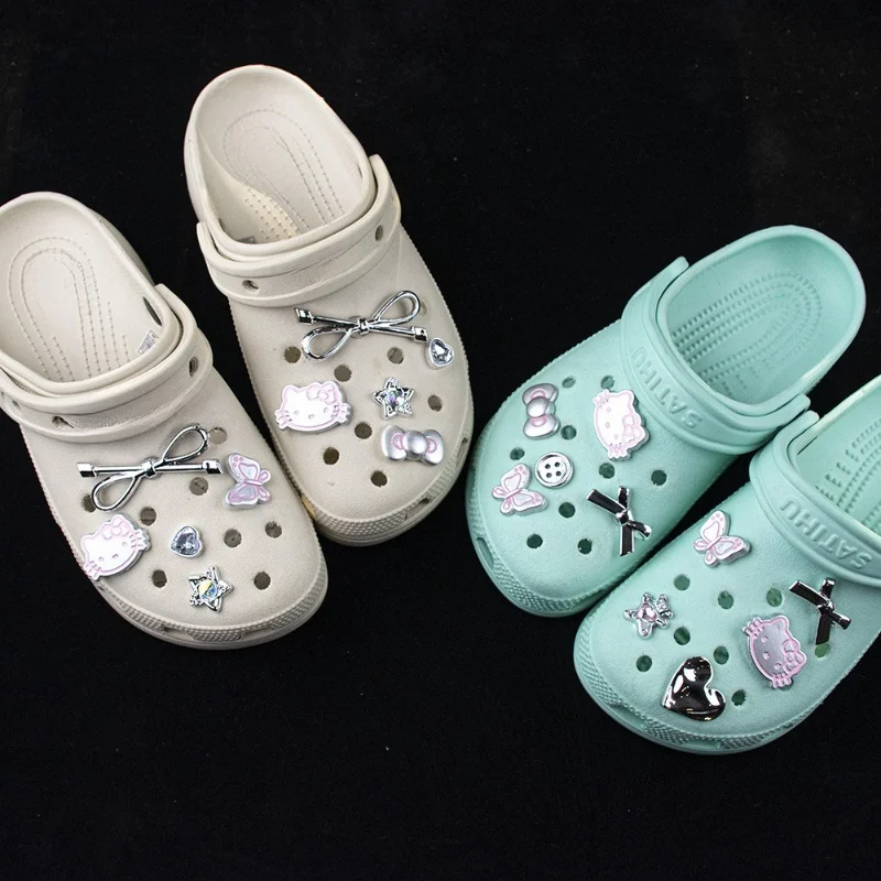 

10Pcs Hello Kitty Cute Cartoon Shoe Charms Electroplated Silver Plating Series Bow Detachable For Shoe Accessories Xmas Gifts