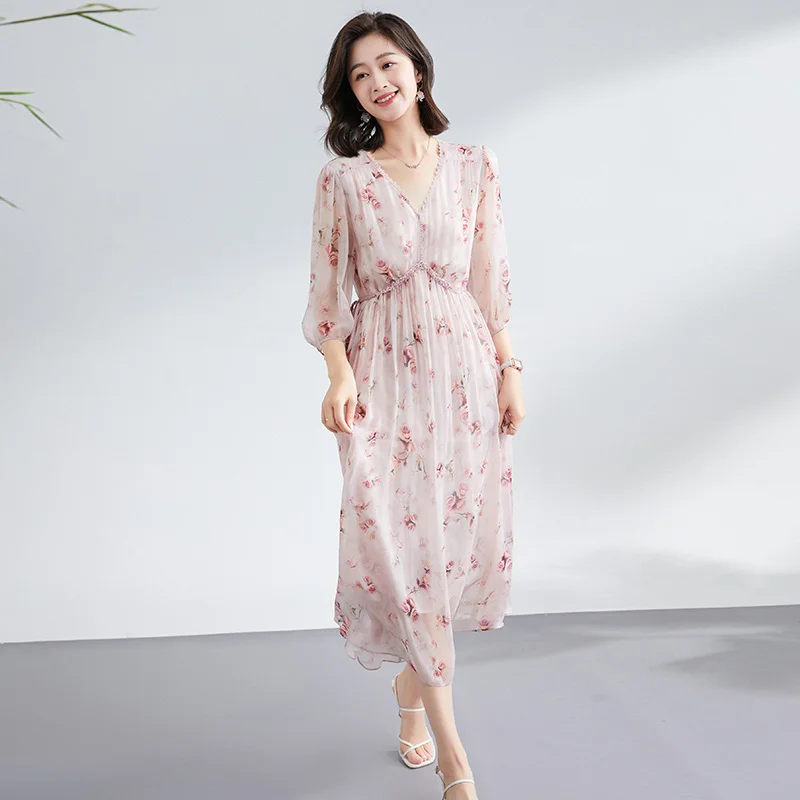 100% Silk Dress Women Classic Design Printed Three Quarter Puff Sleeves V Neck Lace Up Casual New Fashion