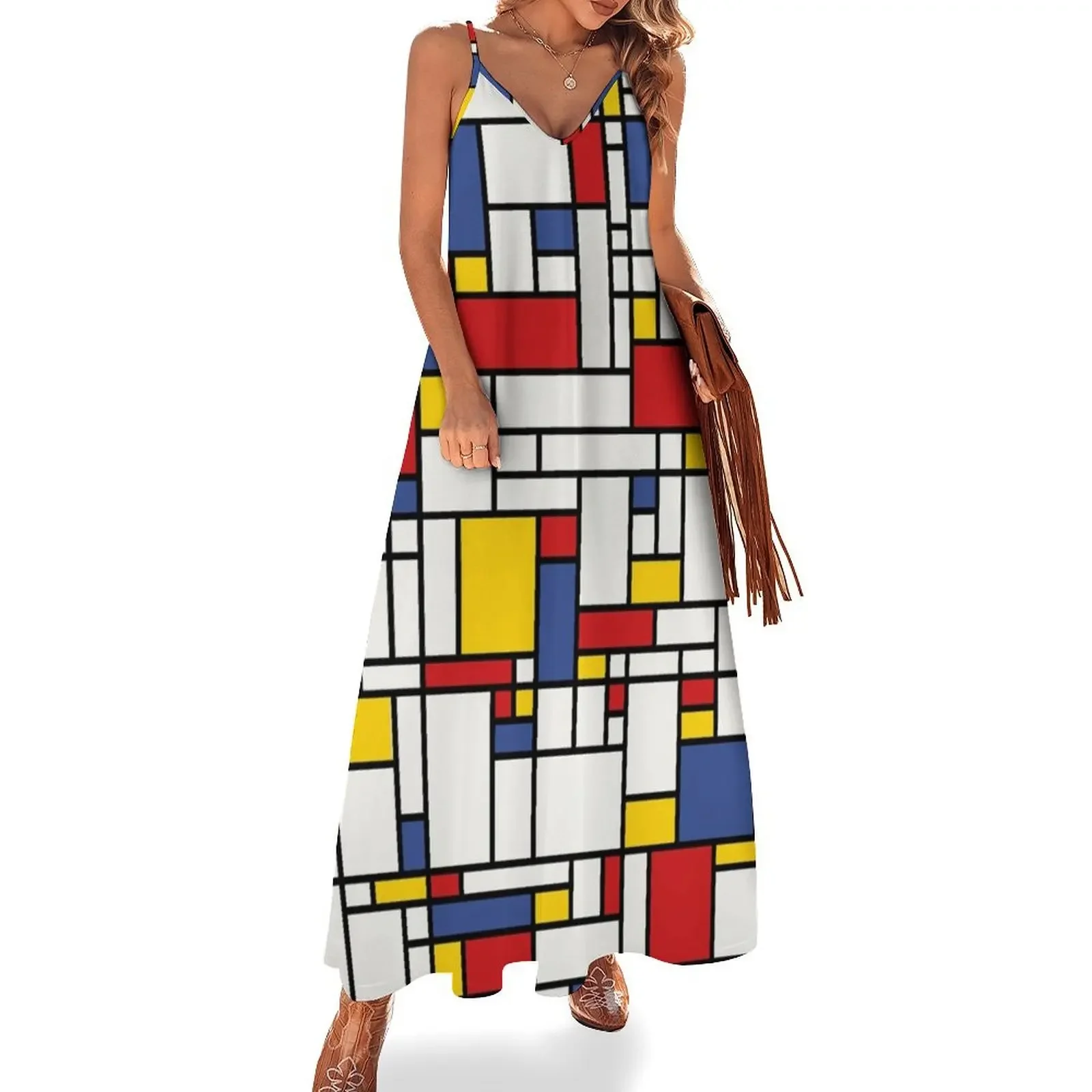 Piet Mondrian Abstract Pop Art 1960s Red Blue Yellow Rectangles Sleeveless Dress Long dresses dresses ladies 2024 summer