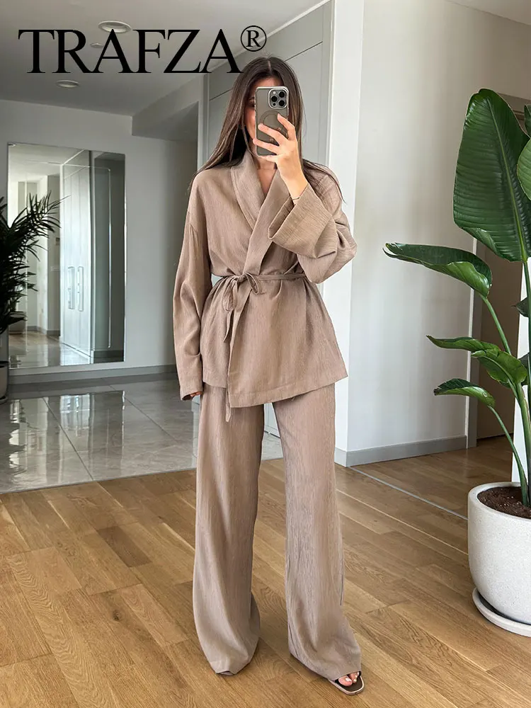 TRAFZA Female 2024 Summer Trendy Solid Causal Loose Suit Lapel Long Sleeve V Neck Thin With Belt Top+Drawstring Wide Leg Pants