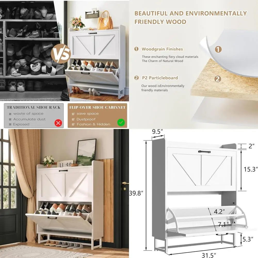 

Slim White Shoe Cabinet with Metal Legs, Adjustable Shelves & Hidden Storage for Entryway