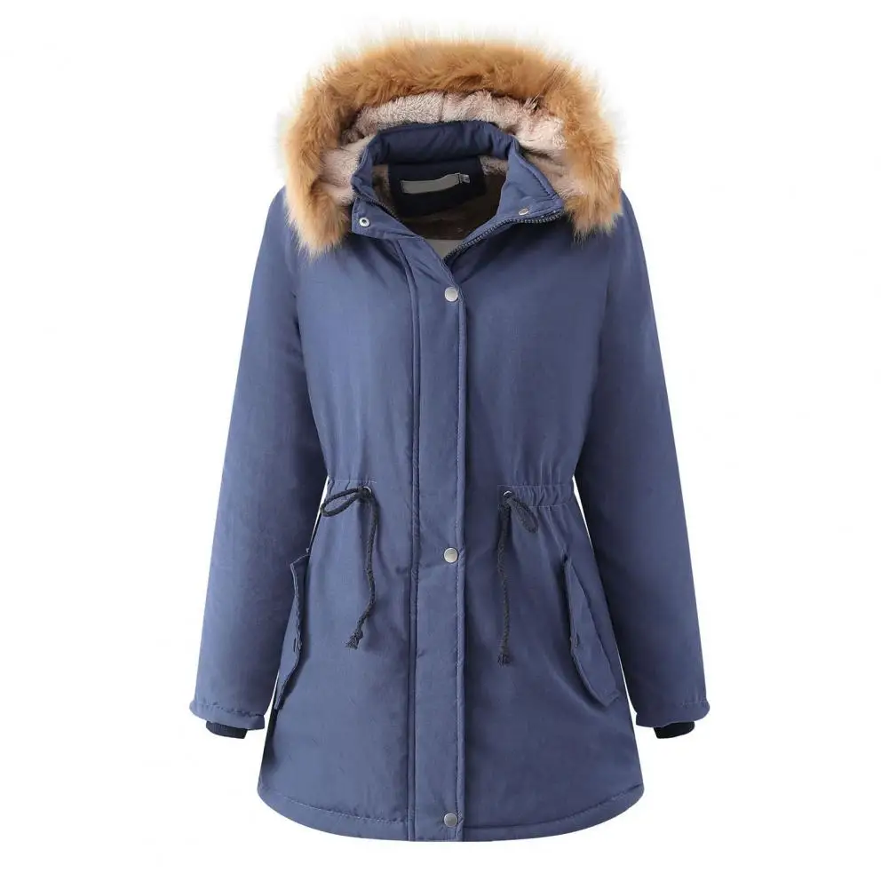 Abrigo de longitud media con capucha desmontable para mujer, Chaqueta de manga larga con cuello levantado, forro polar de Color sólido, prendas de