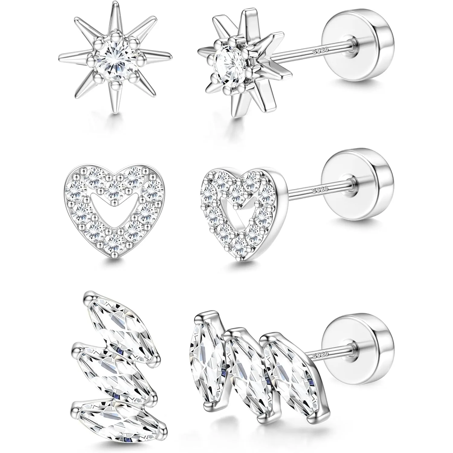 

Drperfect Silver Needle Flat Back Studs Earrings Set for Women CZ Cartilage White Gold Plated Helix Earrings Piercing Jewelry