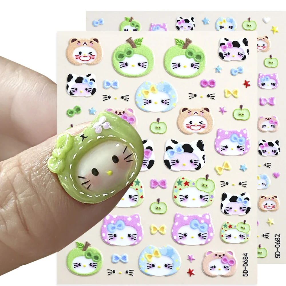 5D Cute Green Apple Hat Hello Kitty Nail Sticker Fruits Hooded KT Kitten Nail Decals Slider Cartoon DIY Crafts Manicure Decorati