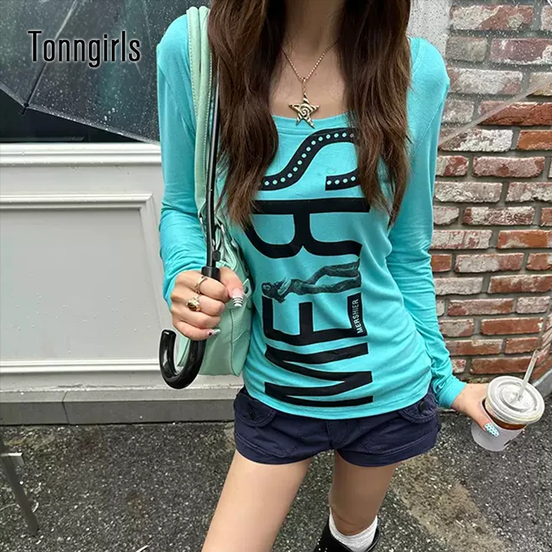 Tonngirls Y2k Aesthetic Print T-shirt Women Square Collar Tee Tops American Retro 90s Vintage Graphic Tops Streetwear Casual Tee