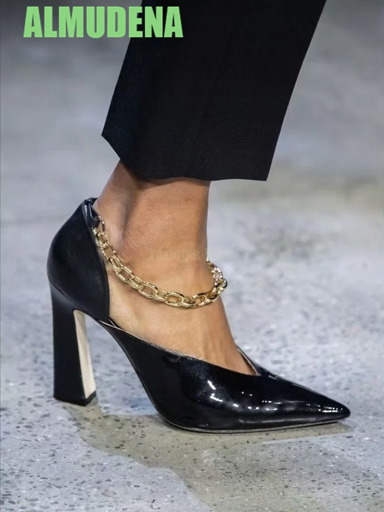 

Ankle Chain Thick Single Shoes Fashionable British Style Women's Simple Classic Style Pointed Hollow Temperament High Heels