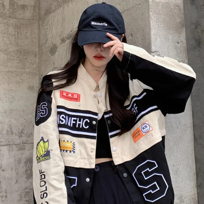 

Y2k Black Motorcycle Baseball Jackets Women Coat Retro Men's Wind Breaker Harajuku Racing Removable Coats Couple Goth Jacket New